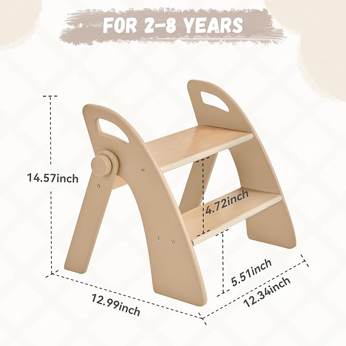 Wooden 2 Step Stool for Kids Bathroom Sink Foldable Anti-Slip 2-Step for Toilet Potty Training, Child Stepping Stool for Kitchen Nursery Bedroom