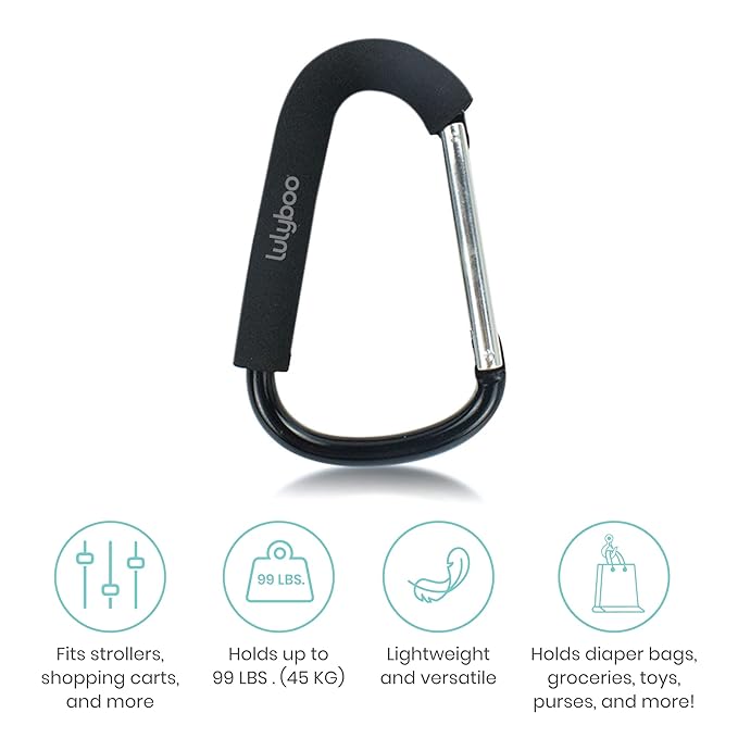 Lulyboo Multi-Use Metal Organizer Hook - Heavy-Duty Stroller, Diaper Bag & Purse Carabiner with Spring-Loaded Closure, EVA Grip, Black - Lightweight, Versatile, Holds Up to 99 lbs