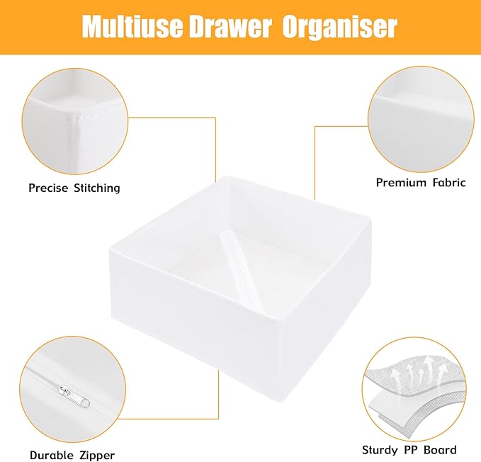 Foldable Dresser Drawer Organizers for Clothes, Underwear, Socks, Bras - Cloth Storage Box Divider Basket Bins, 14 Pack (White)