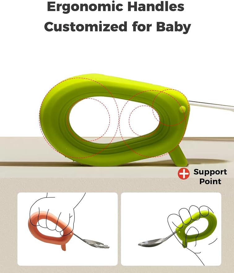 Toddler Utensils, Stainless Steel Baby Forks and Spoons Set with Silicone Handle, Kids Silverware with Portable Storage Case, Baby Feeding Essentials, Dishwasher Safe (Green+Pink)