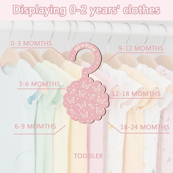 Baby Clothes Dividers for Closet - Set of 8 Wooden Baby Size Closet Dividers Newborn to 24 Months, Newborn Organizer for Girls, Floral Butterfly Baby Nursery Decor Kit Newborns Gift Baby Shower
