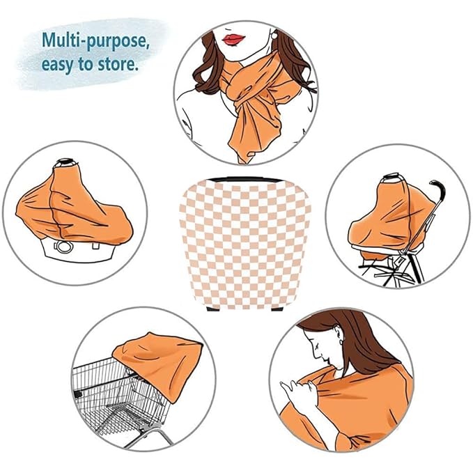 Little Jump Multi-use Baby Carseat Cover, Breathable Nursing Cover, High Stretchy Infant Carseat Canopy, Stroller Cover, Car Seat Covers for Bbies, Boys & Girls (Cream Checkered)