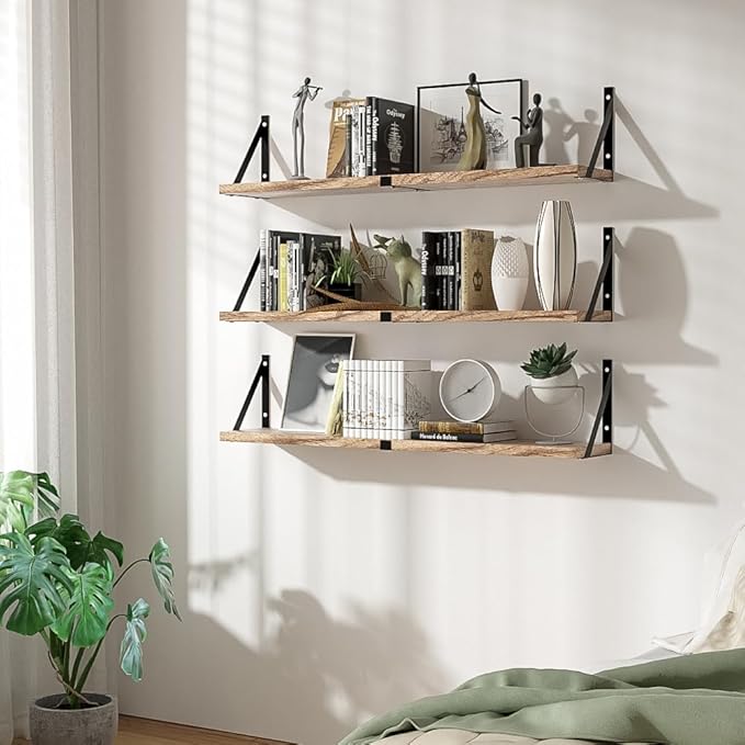 Floating Book Shelves Set of 3, Wall Bookshelf, 33 inch Long Wood Shelf for Wall Storage, Hanging Shelving for Bedroom, Bathroom, Living Room, Kitchen, Office and Plants (Light Brown)
