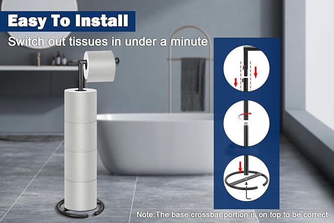 NearMoon Bath Toilet Paper Holder Stand- Modern Tissue Roll Holder Standing with Balanced Base, Rustproof Toilet Roll Holder for Bathroom/Kitchen Countertop (Matte Black, Metal Base)