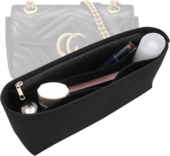 LOUKAYCCI Felt Insert Purse Organizer with Zipper, GG Marmont Matelasse Shoulder Bag Liner Pouch for Women Inner Bladder Storage Bag (Small, Black)