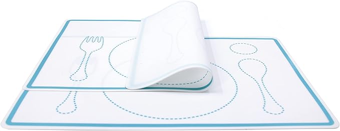 Kiddison Silicone Montessori Placemat for Kids Set of 2, 12.6 x 9.1 Inches (White and Blue)
