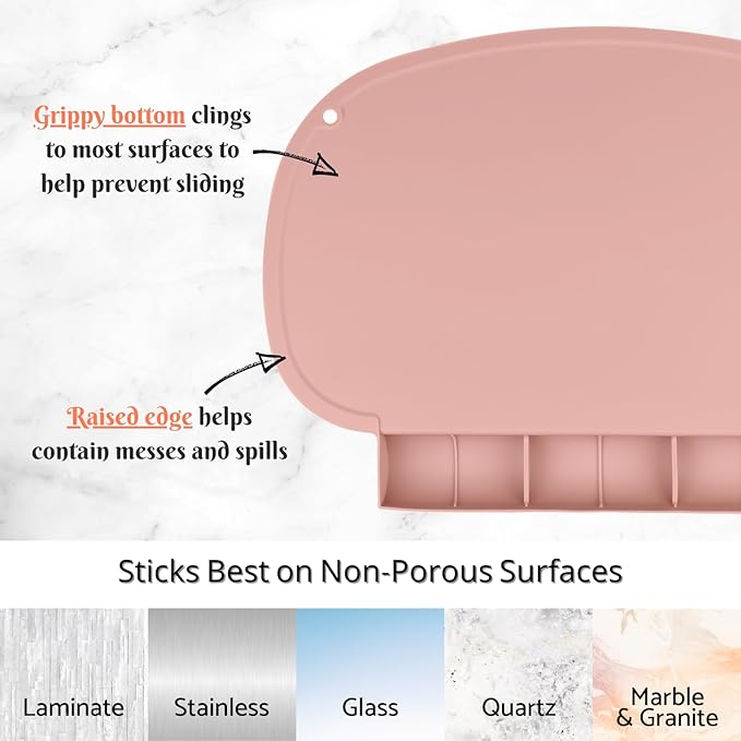 Silicone Placemat with Food Catching Pockets for Baby & Kid, Food Grade Silicone Non-Slip Toddler Food Place Mats with Raised Edges for Dining Table (Blush)