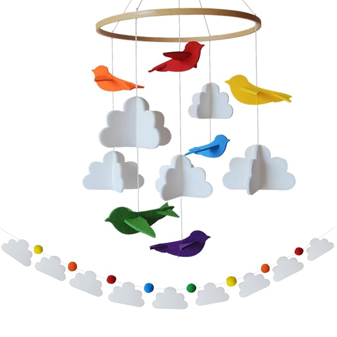 Baby Crib Mobile – Wooden Hanging Nursery Baby Mobile for Crib, Nursery Decor for Boys & Girls, Perfect Shower Gift (Rainbow Birds in The Clouds, w/Garland) Also Fits Bassinets, Sorrel + Fern