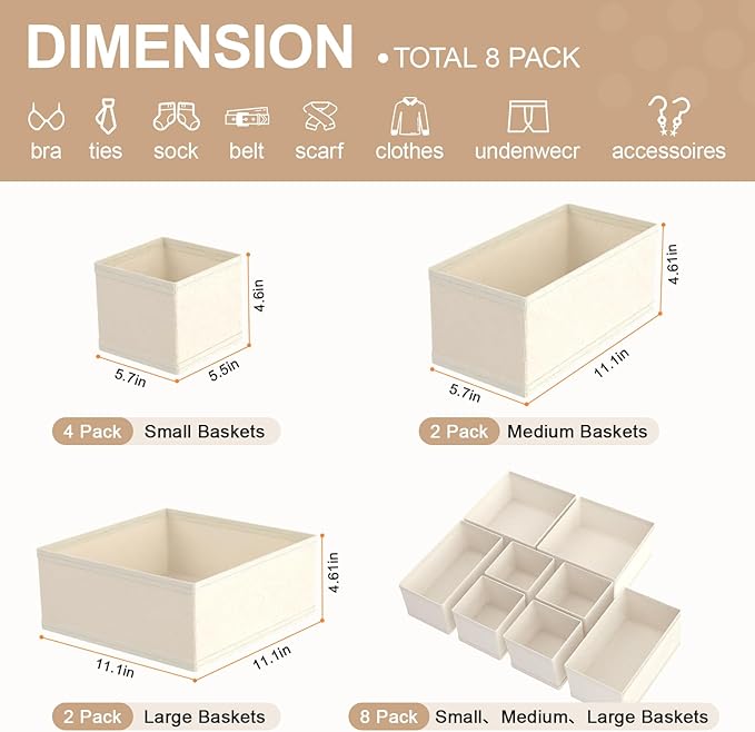 Dorisun Drawer Organizer Clothes - Dresser Organizer for Baby Clothes, Underwear, Sock - Nursery Organization - Foldable Closet Organizatio Dividers for Bra, Belt, Tie (Beige, 8 Pack)