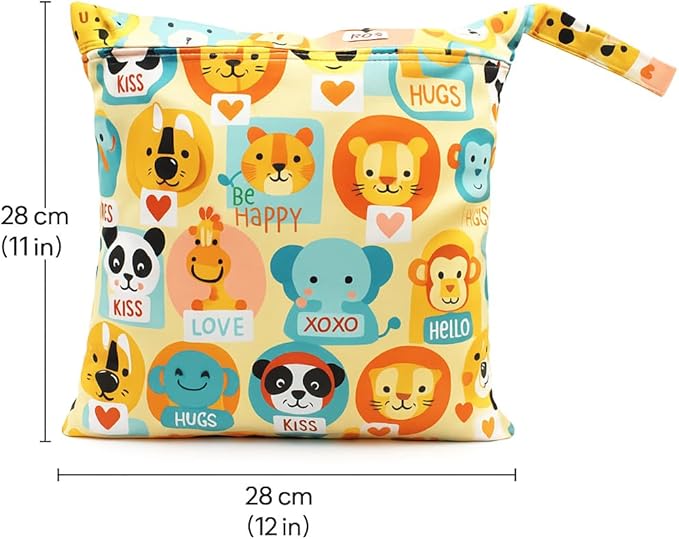 FANALALA Waterproof Wet Dry Bag, Reusable Diaper Pouch with Zipper, Machine Washable Travel Organizer for Beach, Daycare, Kids, Dinosaur Pattern (Orange Lion)