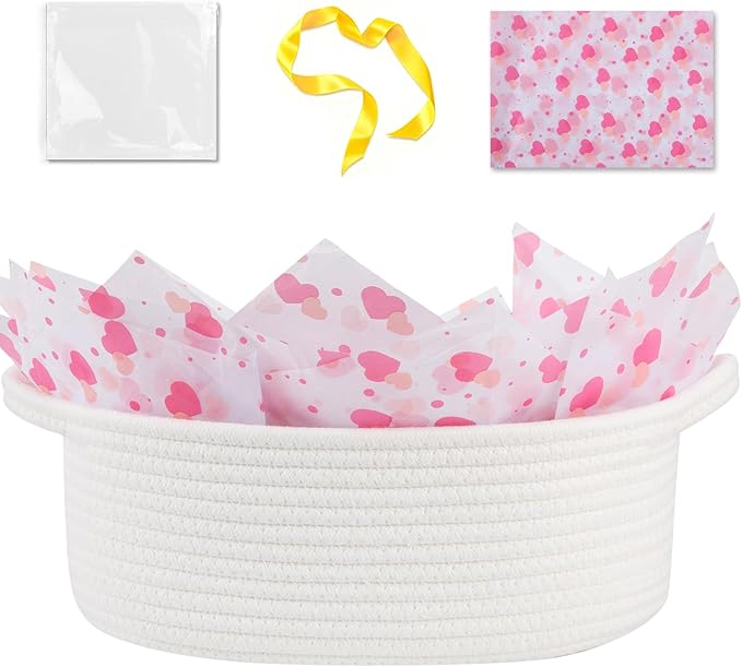 OIAHOMY Gift Basket with Handle, Valentine's Day Woven Basket with Gift Bag, Ribbon and Wrap Tissue Paper, Nursery Bins Empty to Fill with Small Items, Baby, Pet Toy Organiser - Valentine's White