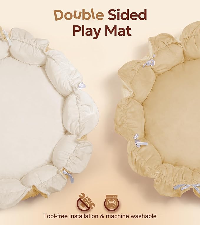 5-in-1 Thick & Plush Baby Play Gym, Baby Play Mats for Floor, Tummy Time Mat with 6 Toys, Convertible Stage-Based Developmental from Babies to Toddlers, Ball Pit, Cream