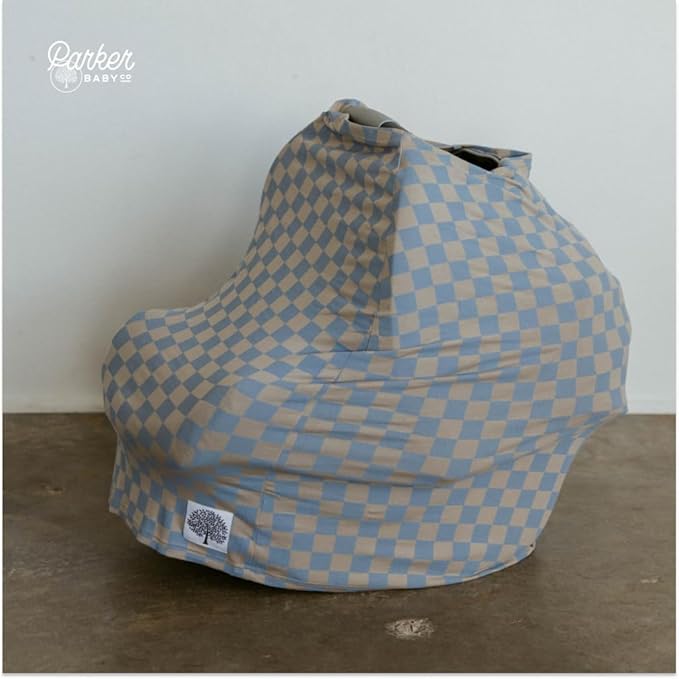 Parker Baby 4 in 1 Car Seat Cover for Girls and Boys - Stretchy Carseat Canopy, Nursing Cover, Grocery Cart Cover, High Chair Cover - "Stormy Blue Checker"
