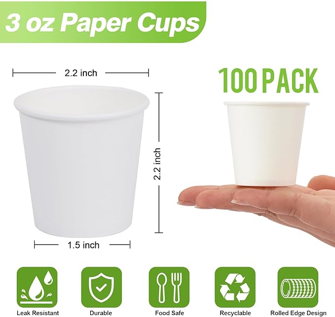 Huifany 100 Pack 3 oz Paper Cups, Disposable Bathroom Cups, Small Mouthwash Cup White Paper Drinking Cup for Party,Picnic,Travel and Events