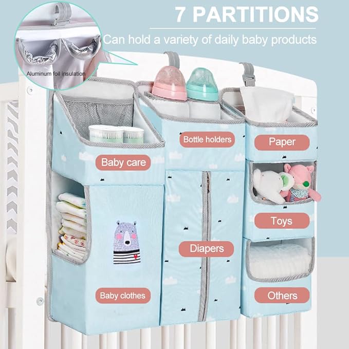 Hanging Diaper Caddy Organizer for Baby Crib - 3-in-1 Diaper Stacker for Changing Table Nursery Organization Storage Holder for Baby Essentials Attachment Portable Combining (Sky Blue)