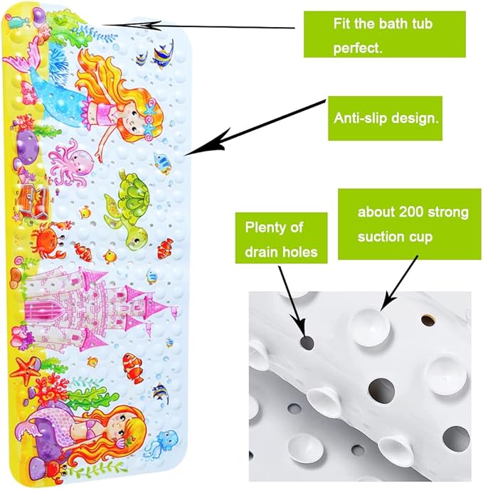 Non Slip Bath Mat for Inside Bath for Kids Girls and Boys, Cartoon Sea Animal Bathtub Mat Shower Mat, Bathroom Mat Anti Slip with Suction Cup Machine Washable Long 40 X 16 Inch, 100 x 40cm - Mermaid
