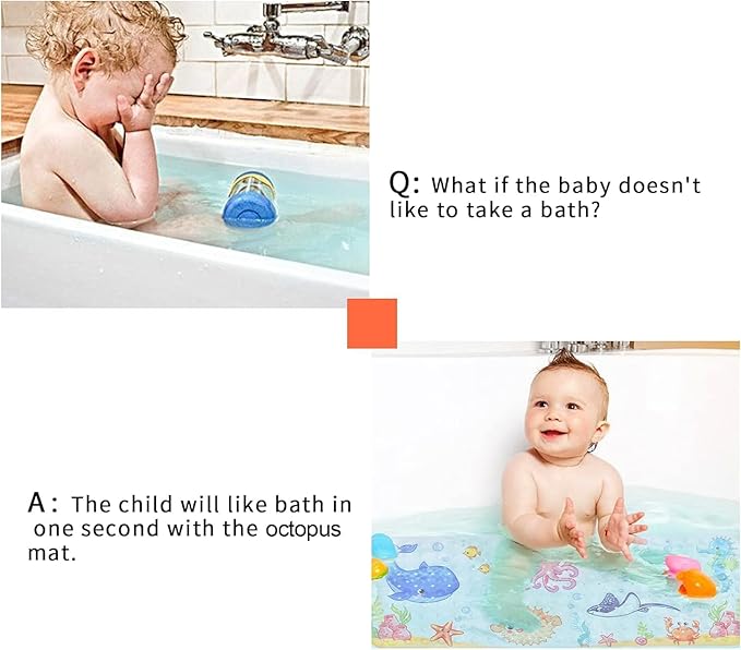Secopad Bath Mat for Tub Non Slip, Machine Washable Anti-Slip Cartoon Baby Bathtub Shower Mat with Drain Holes and Suction Cups for Toddler & Kids, 27.5 Inch x 15 Inch-Rectangular, Pink Octopus