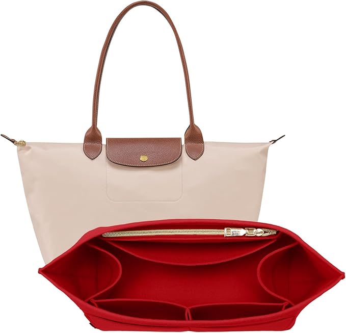 OPPOSHE Purse Organizer Insert for Longchamp Le Pliage, Premium Felt Long Champ Bag Handbag Women, Tote Organizer Insert with 9 Compartments (Large, Red)
