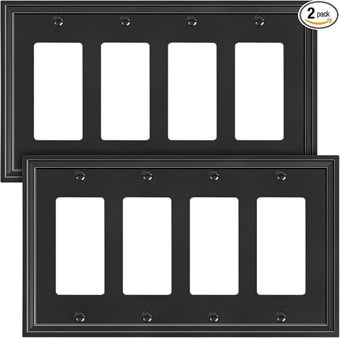 2-Pack Quad Decorator Outlet Cover Plate, Black Decorative Switch Plates and Outlet Covers, Natural Bamboo Fiber Wall Plates for Electrical Outlets, Receptacle, GFCI Outlet, Dimmer Switch