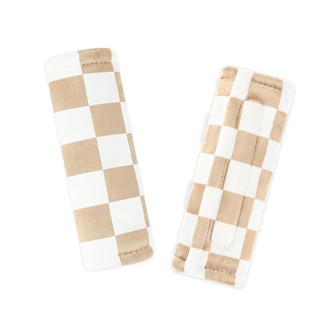 DILIMI Baby Car Seat Belt Covers, 2Pcs Carseat Shoulder Strap Pads, Soft Minky Car Seat Neck Covers, Newborn Car Seat Strap Protectors, Stroller Strap Covers for Baby Kids, Brown Checkered