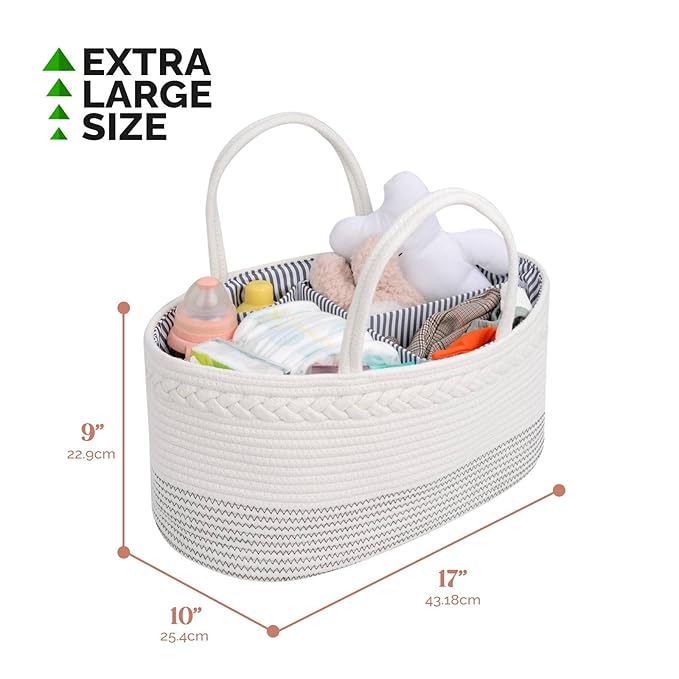 luxury little Diaper Caddy Organizer, Large Cotton Rope Nursery Baby Basket, Changing Table Organizer for Baby Diaper Storage, Portable Car Organizer Removable Divider (Off White, Extra Large)