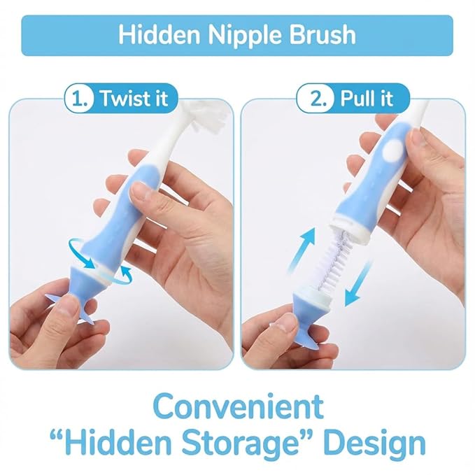 Ariseno 5-in-1 Baby Bottle Brush Set, Including Nylon and Silicone Bottle Brush, Bottle Cap, Straw and Nipple Cleaner, BPA-Free (Blue)