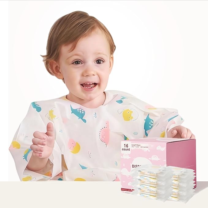 Disposable Baby Bibs for Baby Boys and Girls - Long Sleeve Bib Individually Wrapped Waterproof Baby Bibs 16/36 pcs