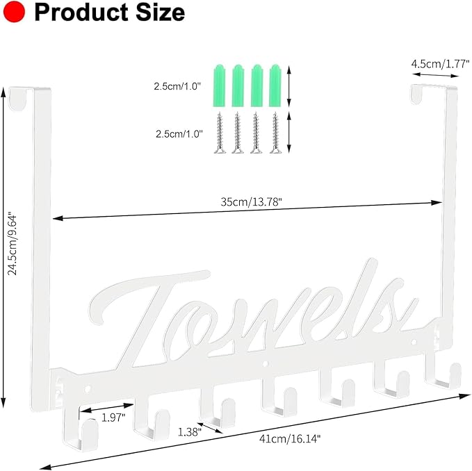 Azmoncy Over The Door Hooks, Heavy Duty Towel Rack with 7 Coat Hooks for Bedroom Bathroom Pool Kitchen Towels and Bags (White)