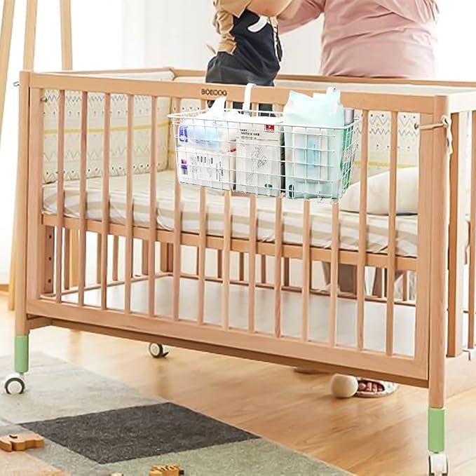 Bedside Hanging Wire Basket for Storage Bedside Caddy Hanging Organizer Bunk Bed Bedside Shelf Holder Pocket for College Dorm Room Baby Bed Rails (White/Large)