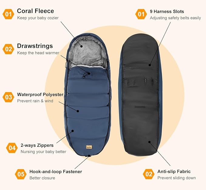 Zooawa Stroller Bunting Bag Universal, Waterproof Baby Stroller Footmuff, Stroller Sleeping Bag for Cold Weather, Extra Thick, Fits 6-36 Months Baby, Dark Blue