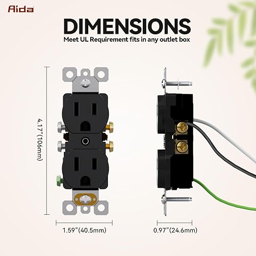 AIDA Duplex Receptacle Wall Outlet, Residential, 3-Wire, Self-Grounding, 15Amp 125V, UL Listed, Push & Side Wire, Black (10 Pack)