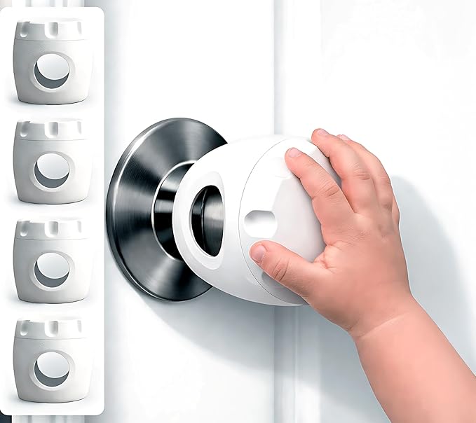 Child Proof Door Knob Covers (4 Pack), Dual-Lock Baby Safety Locks for Toddlers, Easy Install, Durable & Non-Toxic, Fits Standard Round Knobs