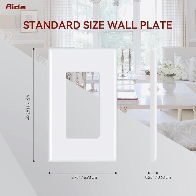 AIDA 1-Gang Screwless Decorator Wall Plates, Standard Size Unbreakable Thermoplastic Faceplate Cover for Decorator Receptacle Outlet Switch, UL Listed (4 Pack, Glossy White)