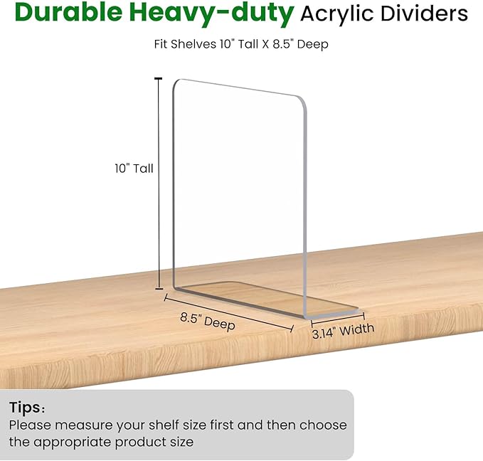 Shelf Dividers for Closet Organization - 12 Pack 10" Tall X 8.4" Deep Acrylic Adhesive Separators, 30s Tool-Free Install, Clear Vertical Closet Dividers for Clothes, Handbags & Towels