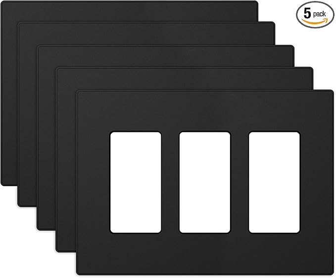 ELEGRP 3 Gang Screwless Decorative Wall Plates, Mid-Size Unbreakable Thermoplastic Faceplate Cover for Decorator Receptacle Outlet Switch, UL Listed (5 Pack, Matte Black)