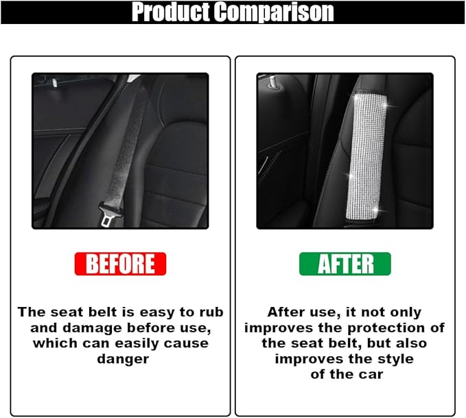 2PCS Bling Car Seat Belt Shoulder Pads, Bling Rhinestones Seat Belt Covers for Women, Car Seatbelt Strap Pad with Crystal Diamond, Car Interior Accessories for Car SUV (White Diamond)