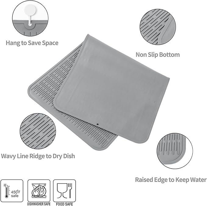 MicoYang Silicone Dish Drying Mat for Multiple Usage,Easy clean,Eco-friendly,Heat-resistant Silicone Mat for Kitchen Counter or Sink,Refrigerator or Drawer Liner Grey 5XL 36inches x 18inches