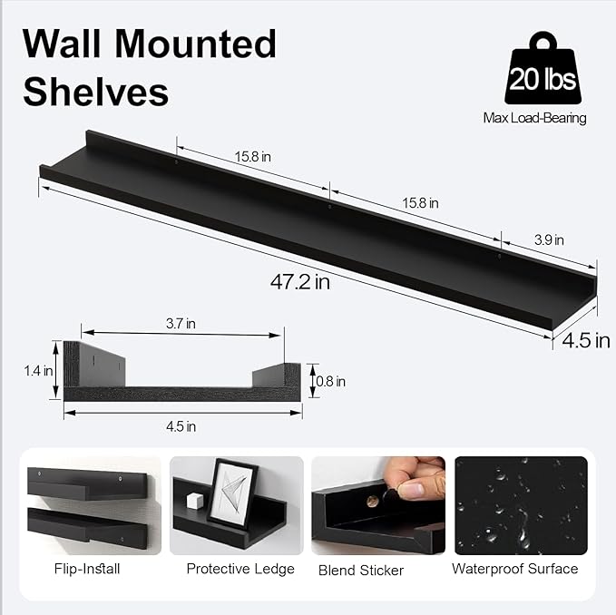 Long Floating Shelves for Wall Decor, Long Wall Mounted Storage Shelf for Bedroom, Living Room, Bathroom, Kitchen, Nursery, Display Picture Ledge Shelf with Lip Set of 2-48 Inches, Black