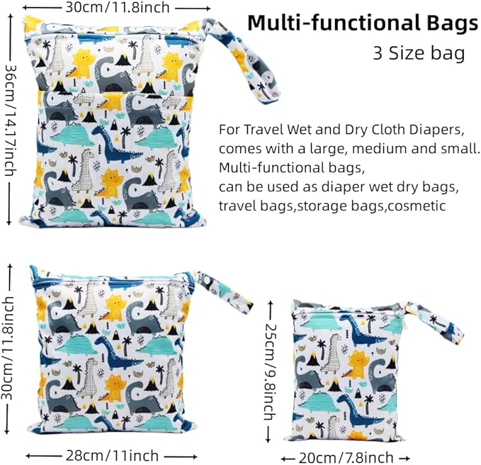 Asenappy 3pcs Cloth Diaper Wet Dry Bags Waterproof Reusable with Two Zippered Pockets Travel Beach Pool Daycare Soiled Baby Items Yoga Gym Bag for Swimsuits or Wet Clothes (dinosaur)