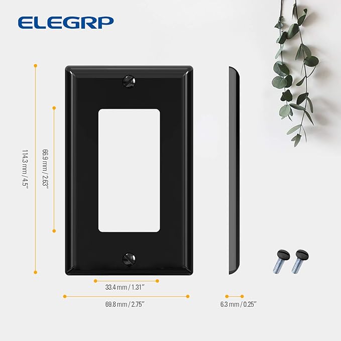 ELEGRP Decorative Receptacle Wall Plate, 1-Gang Standard Size Decorator Covers, Unbreakable Polycarbonate Faceplates for Decorator Device, UL Listed, Screws Included (100 Pack, Glossy Black)
