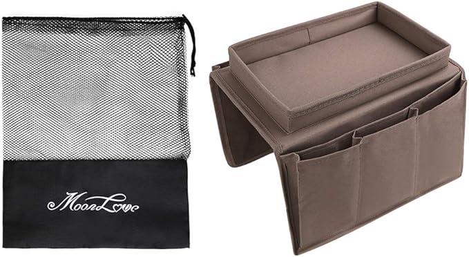 Brown Classic Functional Sofa Caddy Bedside Organizer with 8 Pockets TV Remote Holder Bed Storage Pocket Bag for Cellphone Tablet Notepad Book Magazines DVD Glasses