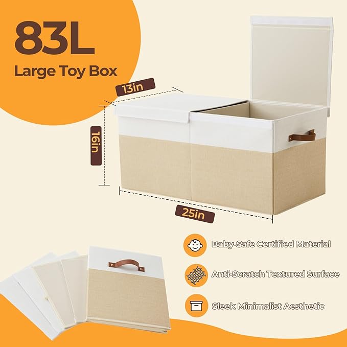 Uniency Large Toy Box,83L Foldable Sturdy Toy Storage with Lid,25"x13"x16" Kids Storage Organizer,Toy Chest for Boys&Girls, for Living Room,Nursery,Bedroom,Playroom,Large Capacity Toybox(Beige)