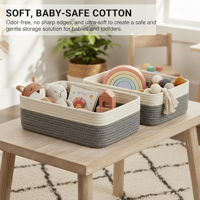 2 Pack Storage Baskets for Organizing, 15"x11"x5.1", Small Basket for Shelves, Closet, Nursery, Living Room,Bathroom, Shallow Basket Organizer, White & Mixed Gray