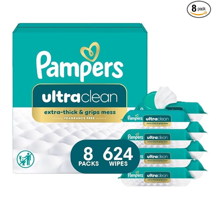 Pampers Ultraclean Baby Wipes (Previously 'Free & Gentle'), 99% Water, Hypoallergenic, Unscented, 100% Plant Based, Plastic-Free, 624 Wipes Total (8X Flip-Top Packs)