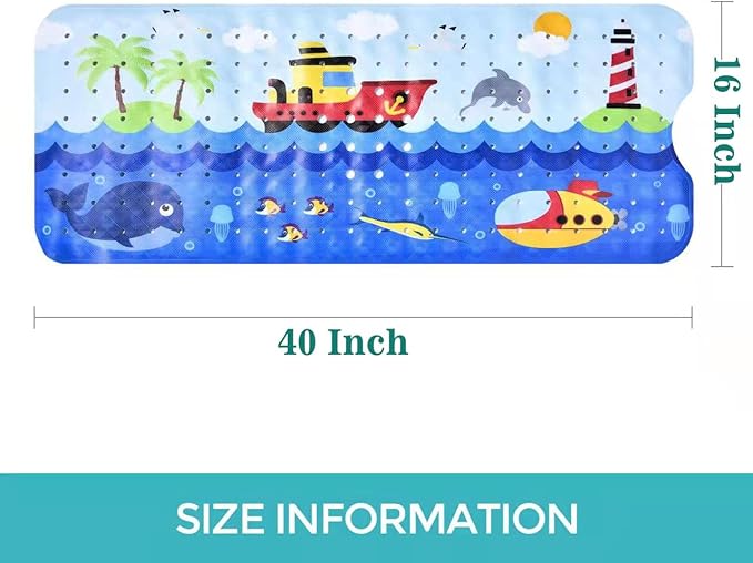 Tubozadi Bath Mat for Tub for Kids Non Slip Bathtub Mat for Baby Toddler Extra Long Bathroom Shower Mat with Suction Cups,Drain Holes,40X16 Inch,Ships