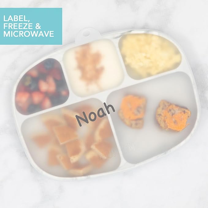 Bumkins Toddler and Baby Suction Plate, Silicone Divided Grip Dish and Lid, Large 5-Section Tray for Kids, Essentials in Children Feeding Supplies, Non Skid Stick Bottom, for Ages 6 Months Up, Marble