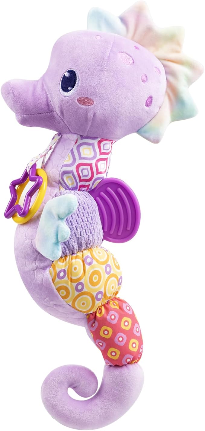 AWOTOY Baby Toys 0-6-12 Months,Musical Stuffed Animals Activity Soft Infant Toys with Multi-Sensory Crinkle, Rattle and Textures,Boys Newborn Baby Girl Toys, Seahorse, Purple