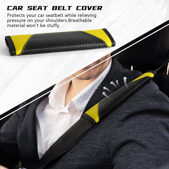 2PCS Car Seat Belt Cover Pad, Soft Carbon Fiber Leather Seatbelt Shoulder Protector for a More Comfortable Driving, Universal Safety Belt Strap Cover to Protect Your Neck (Yellow)