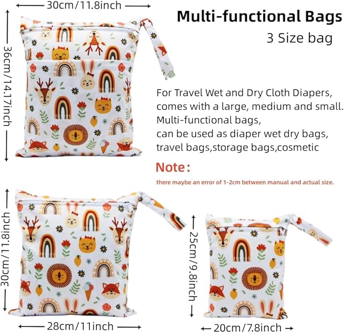 Asenappy 3pcs Cloth Diaper Wet Dry Bags Waterproof Reusable with Two Zippered Pockets Travel Beach Pool Daycare Soiled Baby Items Yoga Gym Bag for Swimsuits or Wet Clothes (rainbow fox)