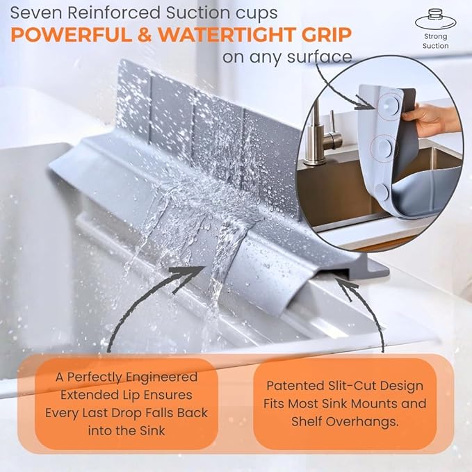 MessOut Extra Large Silicone Kitchen Sink Splash Guard 58x9x10cm– Non-Slip with Strong Suction, Non Crumble, non-harmful, Durable & Easy-to-Clean Protector for a Mess-Free Sink and Dishwashing (White)